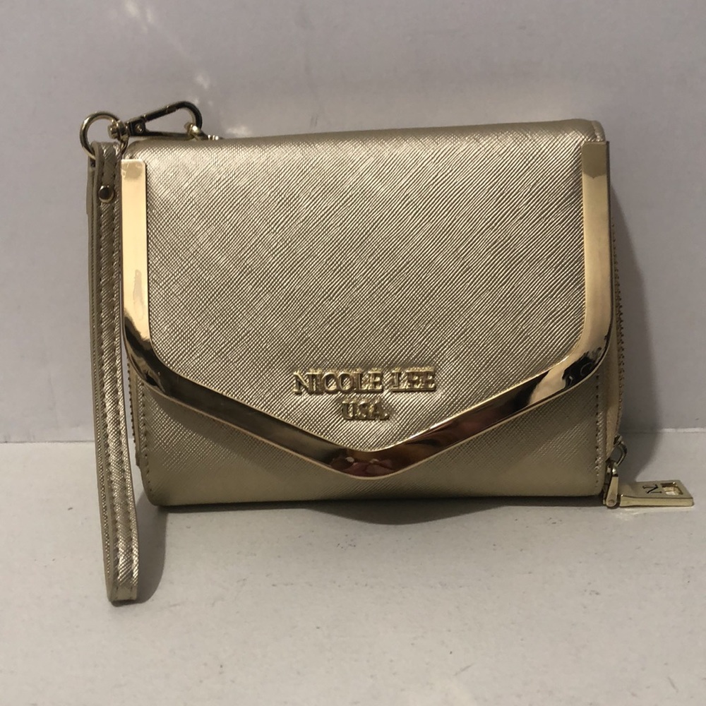 Nicole Lee Night Bag Purse Shoulder Clutch Wrist Straps 6x5x2 Metal Trim Golden